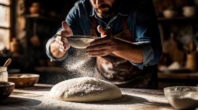Bearded baker sifts white flour over large bread dough in rustic kitchen. Male chef uses metal sifter for artisanal dough preparation. Professional cook works in dark moody bakery making homemade