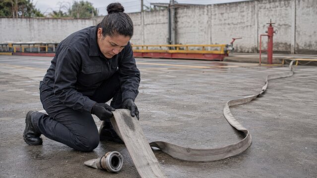 Fire hose testing - a technician examining a damp patch after a pressure test