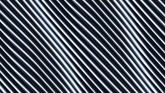 Abstract metallic background featuring parallel diagonal chrome pipes with shimmering light reflections moving across the surface