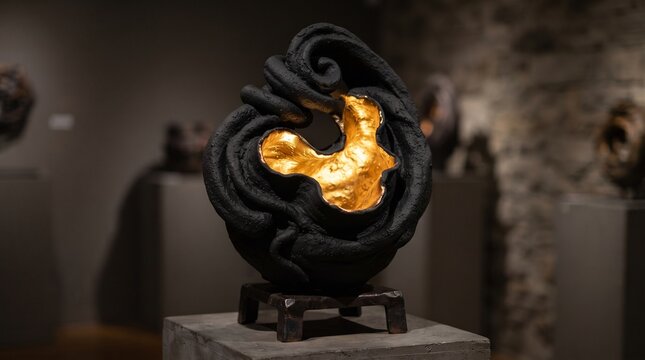 Abstract dark sculpture with gold interior contemporary art piece displayed in a museum gallery representing contrast and elegance