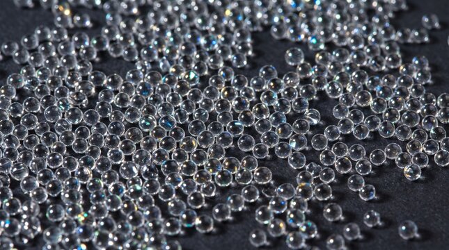 Transparent glass beads scattered on a dark black textured surface