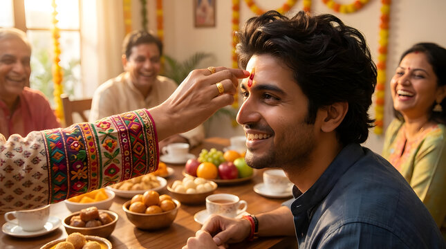 Sister applying tilak to brother's forehead during Indian festival.