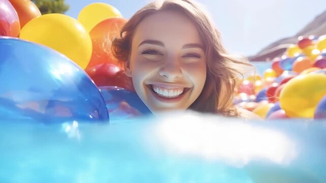 Happy young woman smiling and laughing in a pool with colorful balls