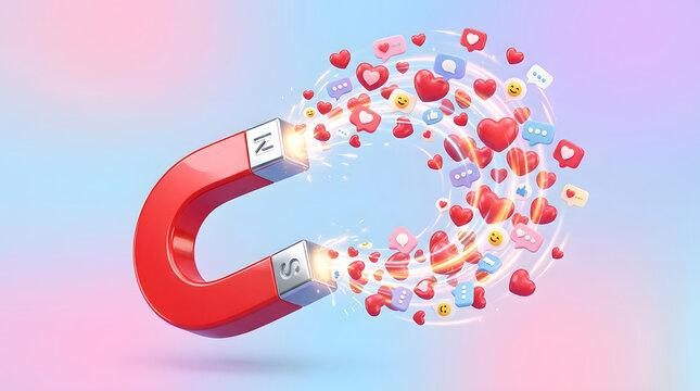 Red magnet attracting social media hearts and comment icons on pastel background