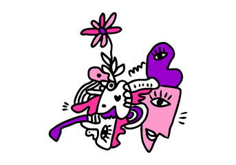 Fototapeta premium doodle art set with quirky faces, eyes, and floral elements in pink, purple, black, and white colors.