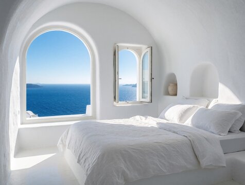 Luxury bedroom interior with white walls in Santorini Greece. Large arched window offers stunning view of blue Aegean Sea. Minimalist bed with linen pillows sits in bright sunlit room. Mediterranean
