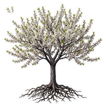 Callery Pear tree, dense white blossoms and glossy foliage, exposed roots, 11 ratio, isolated white background, ultra realistic 8K botanical photography, detailed bark, no shadow