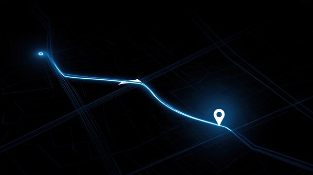 Glowing blue route on dark digital map with pinpoints