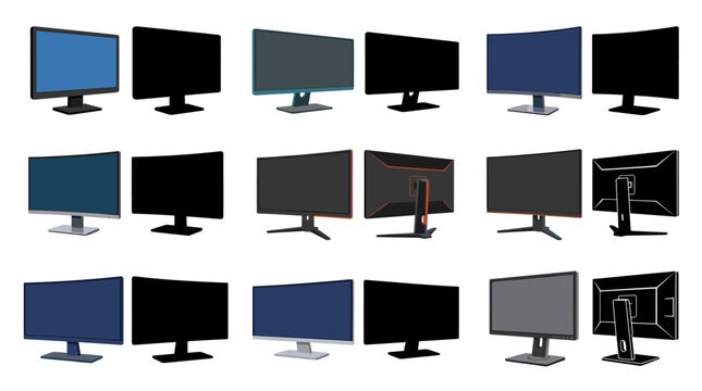 Set of vector computer monitor arranged in a row, featuring both classic filled designs and simple line art outlines, isolated on a white background for technology logos