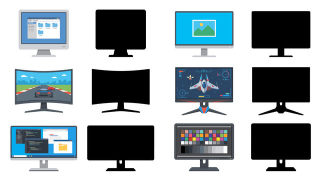 Set of vector computer monitor arranged in a row, featuring both classic filled designs and simple line art outlines, isolated on a white background for technology logos