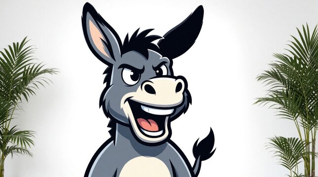 Funny donkey cartoon character with angry face, open mouth. Stubborn grey mule mascot shouts loudly on white background. Expressive jackass animal illustration with big teeth, big ears. Comic burro