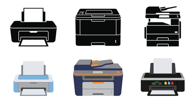 Set of vector printer arranged in a row, featuring both classic filled designs and simple line art outlines, isolated on a white background for office technology logos
