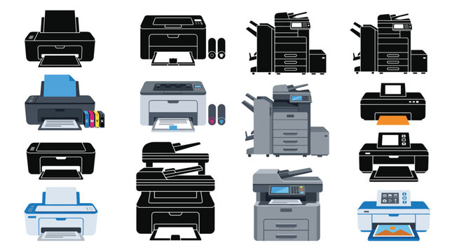 Vector collection featuring different printers, inkjet printer, laser printer, office printer, compact printer, multifunction printer, photo printer