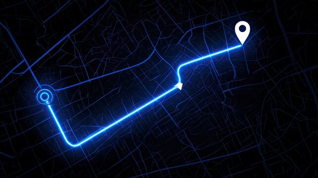 A bright blue line traces a route on a dark, stylized map with a pinpoint marker