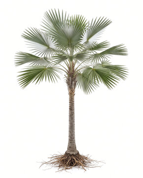 Ultra-realistic mature Silver Thatch Palm (Coccothrinax argentata), complete tree with exposed roots, slender textured trunk, graceful crown of rounded fan-shaped leaves with distinctly silvery unders