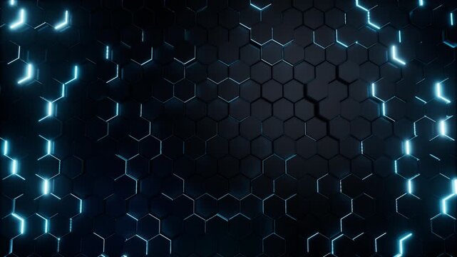 Blue glowing hexagonal wall with random light pulses loop