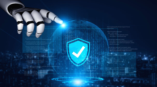 Futuristic Robot Hand Interacting with a Digital Security Shield Representing Cybersecurity and Technological Protection Measures. Glyphic.