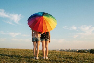 Obraz premium Two young women stand under rainbow umbrella in green field. Back view of girls holding pride flag colors object. Look at city skyline during sunset. LGBTQ community symbol of love, equality on