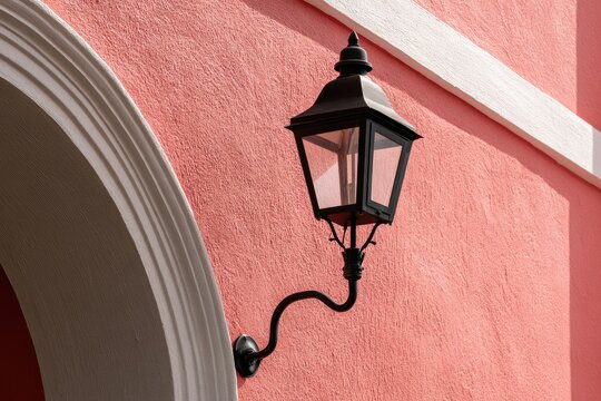 Ornate, black outdoor lantern mounted on a textured pink wall
