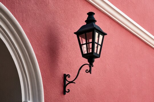 Ornate black wall lantern attached to a textured pink building
