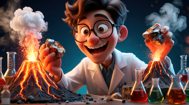 Funny 3d scientist character holds rocks near erupting volcano models in lab. Happy male geologist conducts volcanic experiment with lava, magma. Young researcher studies earth science using