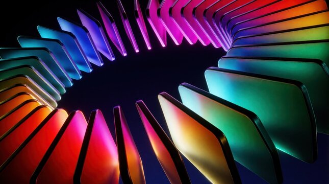 Abstract digital background with colorful glowing geometric shapes. Vibrant rainbow spectrum forms circular ring pattern in dark space. Futuristic 3D render displays dynamic light flow,