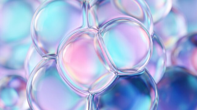macro abstract close-up of interconnected glass spheres and iridescent bubbles reflecting blue and pink light