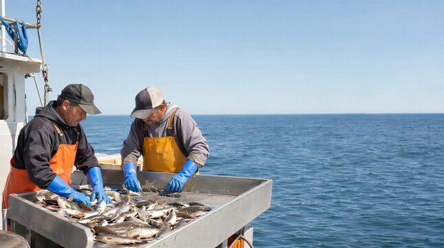 Two fishermen sorting catch on a fishing boat in clear ocean water  