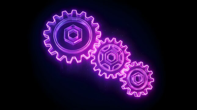 Abstract Neon Glowing Interlocking Geometric Gear Wheels with Hexagonal Centers on Black Background, Representing Futuristic Technology, Mechanical Industry, Collaboration, and Digital Progress