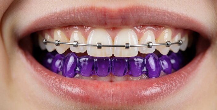Macro shot of teenage girl teeth with metal braces, purple twin block appliance. Pediatric dentistry treatment for bite correction, malocclusion. Close up view of orthodontic wire, dental braces,