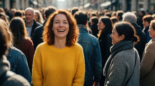 Cheerful woman in bright yellow sweater laughs standing in busy city crowd. Happy female person looks at camera amidst diverse people on urban street. Joyful girl enjoys outdoor lifestyle during