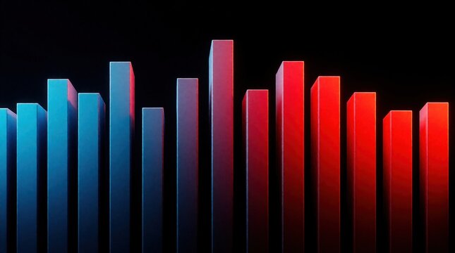 Abstract 3D business chart shows red, blue vertical bars on black background. Financial graph represents market data, economic growth stock market fluctuations. Digital diagram displays rising,