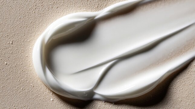 Close up of white cream smear on beige textured surface. Smooth cosmetic with soft waves, swirl pattern. Luxury skincare moisturizer product texture for beauty branding. Elegant lotion application