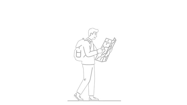 Minimalist line art illustration of a male tourist carrying a backpack while walking and studying a map