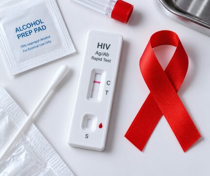 Rapid HIV test cassette with red ribbon swab and alcohol prep pad