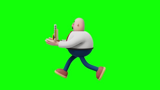 3D cartoon businessman running and holding a yellow folder with documents, side view.