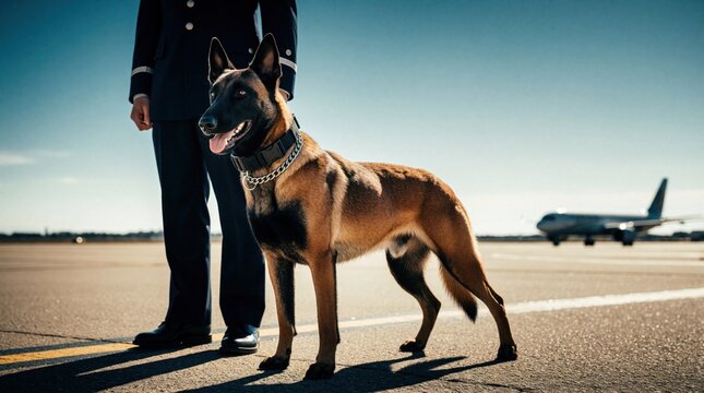 Military working dog Belgian Malinois stands alert on airport tarmac near aircraft. K9 police dog with handler performs security patrol duty at airfield. Trained service animal protects aviation