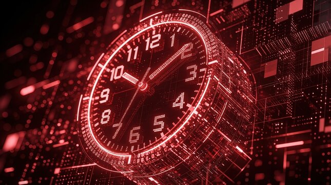 Glowing red digital clock floats in futuristic binary data stream. Digital time bomb made of code urgent deadline, cyber security threat. Abstract tech background with glowing numbers, matrix