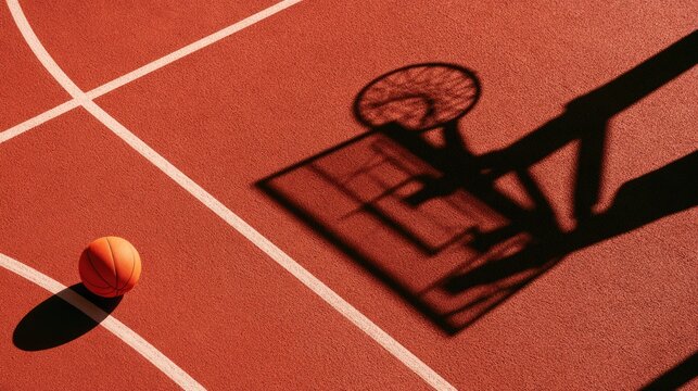 An orange ball rests on a red court near a shadowed hoop and backboard