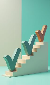 Teal, blue and orange check marks climb a cream staircase toward the top. Concept of onboarding guides, project management app ads, business presentation slides, and productivity blog articles.