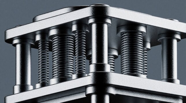 Microscopic view of nano engineered mechanical platform with tiny tension springs, metal pillars. High magnification shows MEMS tech components for precision measurement. Advanced electronic sensor