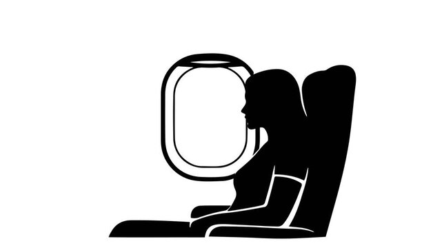 Minimalist black vector silhouette of a female passenger sitting in an airplane seat beside a cabin window