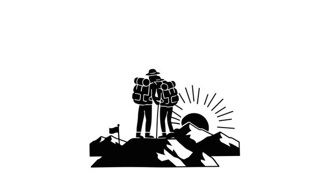 Minimalist black vector illustration of two hikers with backpacks standing on a mountain peak during sunrise.