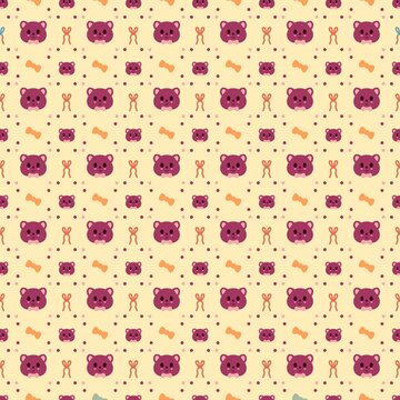 hand drawn cute seamless teddy bear pattern on yellow background, seamless ribbon pattern with cute teddy bear