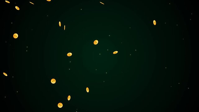 Golden coins falling down against a dark green textured background with glowing particles floating around creating a financial wealth and success concept animation loop video