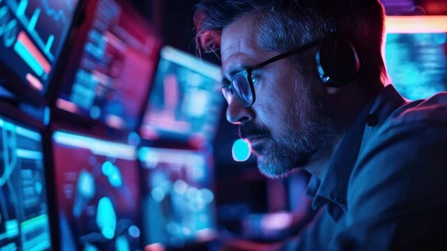 Man with Headphones and Glasses Analyzing Data on Multiple Digital Screens