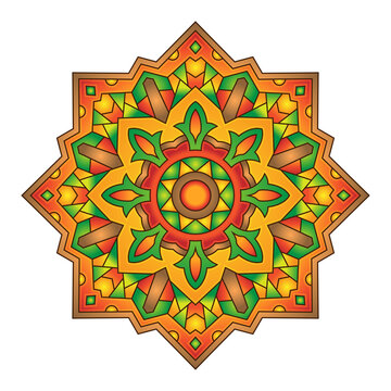 octagonal islamic star mandala ornament with green orange brown stained glass pattern