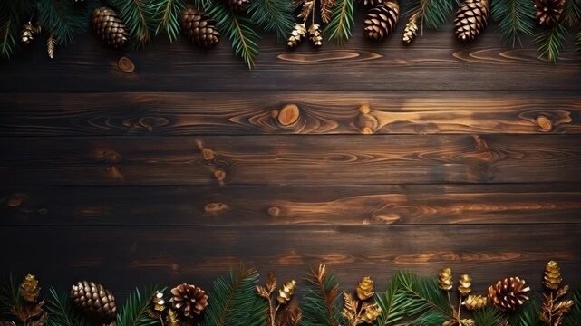 Rustic Wood Background with Pinecones and Pine Needles Frame