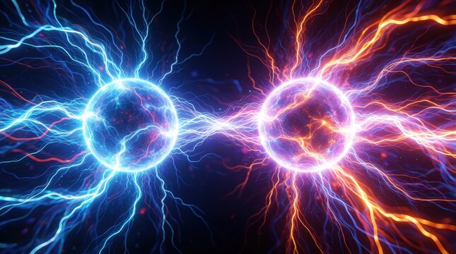 Electric dipole illustration shows two glowing charged spheres with opposing colors. Blue positive charge, red negative charge create intense electric field lines. Energy waves connect particles