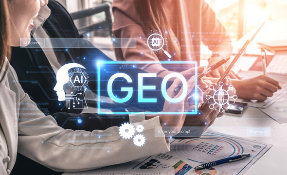 Digital marketing concept featuring GEO strategy. Generative AI search visual shows GEO interface integrating intelligence, logic, and AI input system for prompt tasks. Corpus